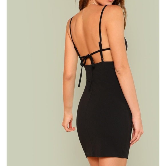 Black Sleeveless Tie Back Bodycon Mini Sexy Dress - Picture 1 of 6